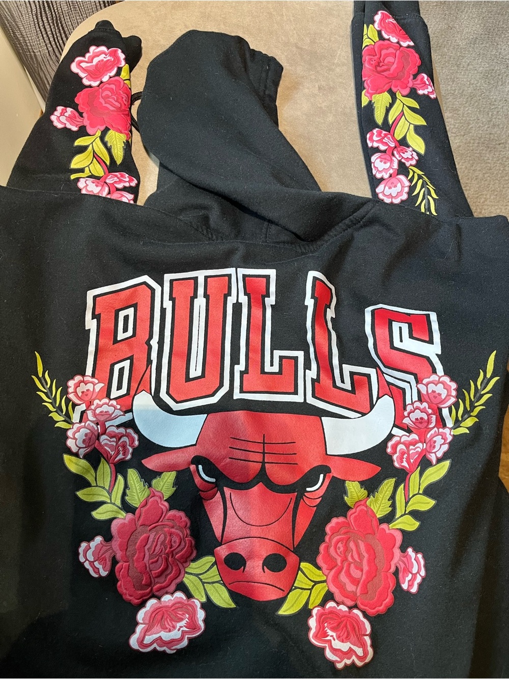 NBA Chicago Bulls Black Crop Hoodie Sweater with Pink Floral Sleeves